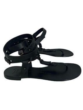 Giuseppe Zanotti Black Leather Ankle Wrap T-Strap Sandals